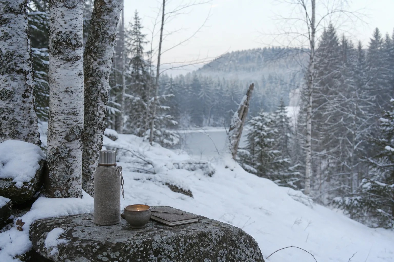 A winter birch and conifer landscape with tracks, snow, and a closed field notebook.