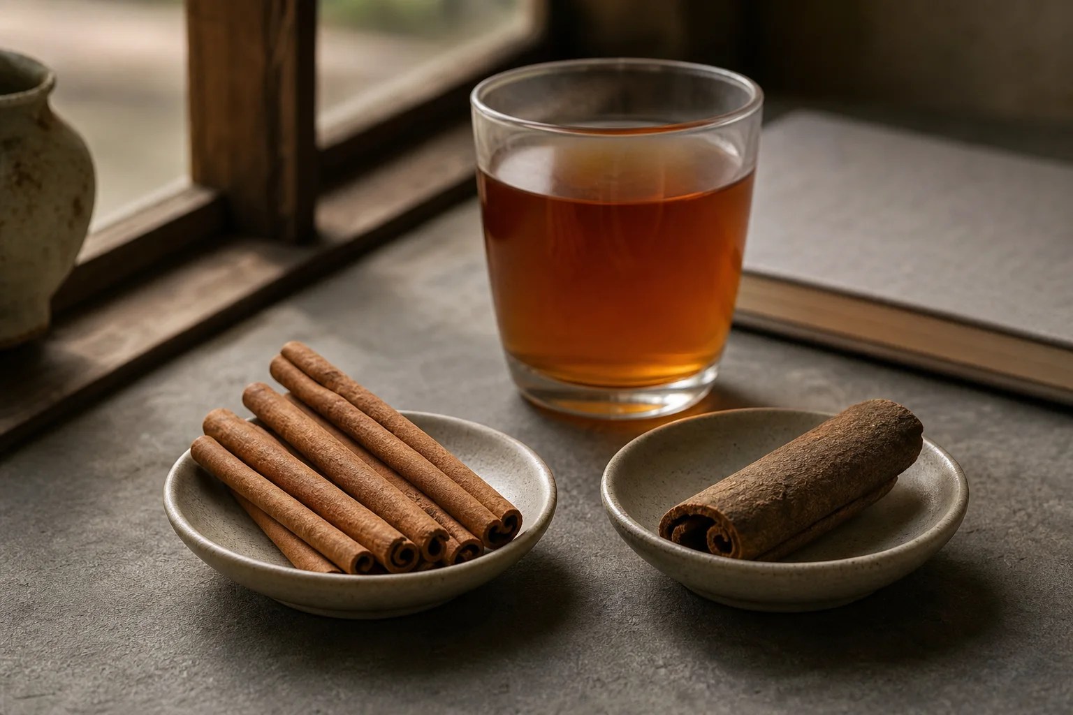 Thin true-cinnamon quills and a thicker cassia-style bark piece displayed separately beside an amber infusion.