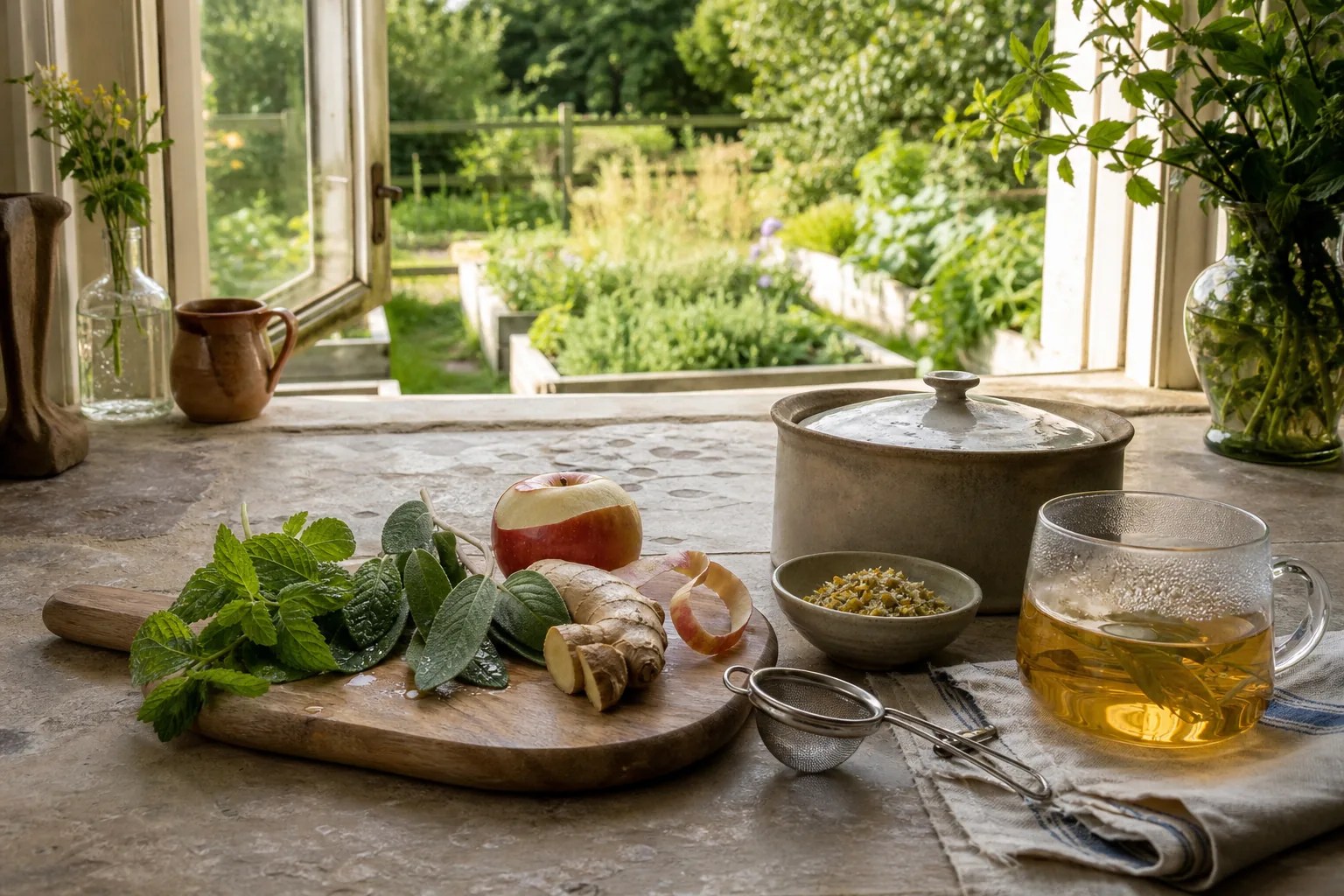 Food-grade ginger, apple peel, mint, chamomile, and culinary sage beside simple infusion vessels.
