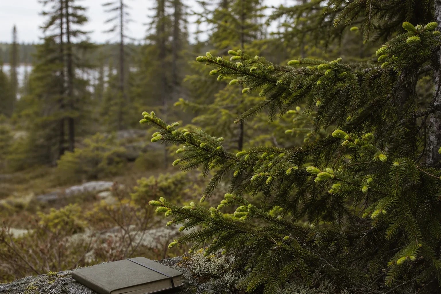 Young spruce tips observed on a living branch in a broad forest context with a closed field notebook.