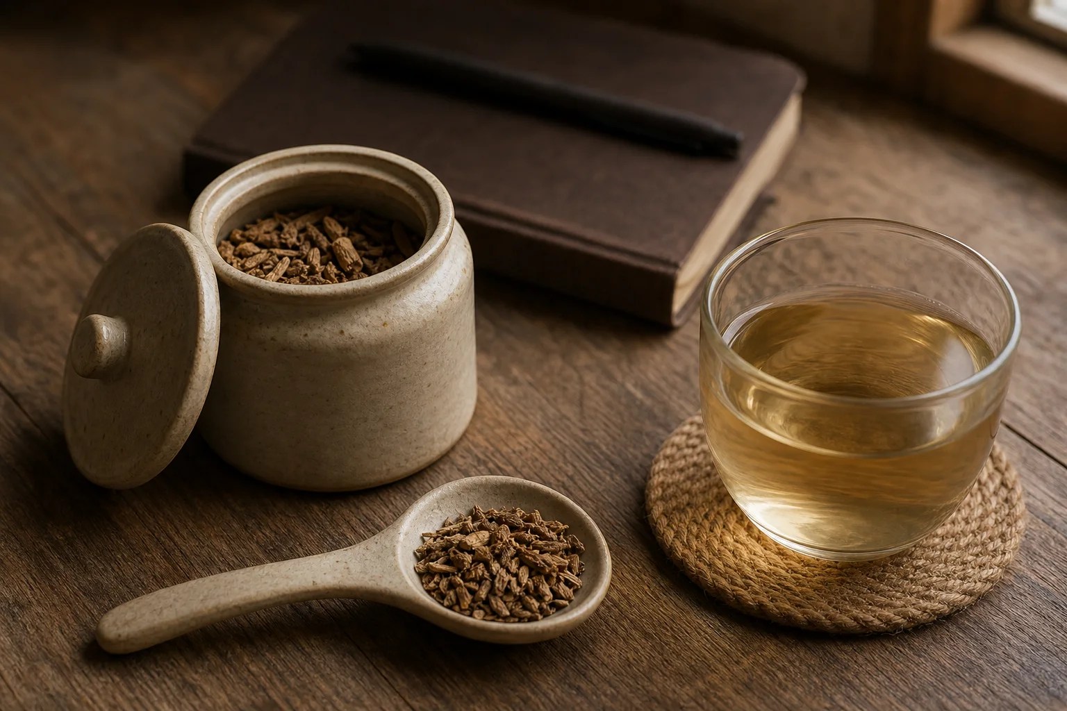 Purchased dried valerian root in a jar and spoon beside a modest pale infusion.