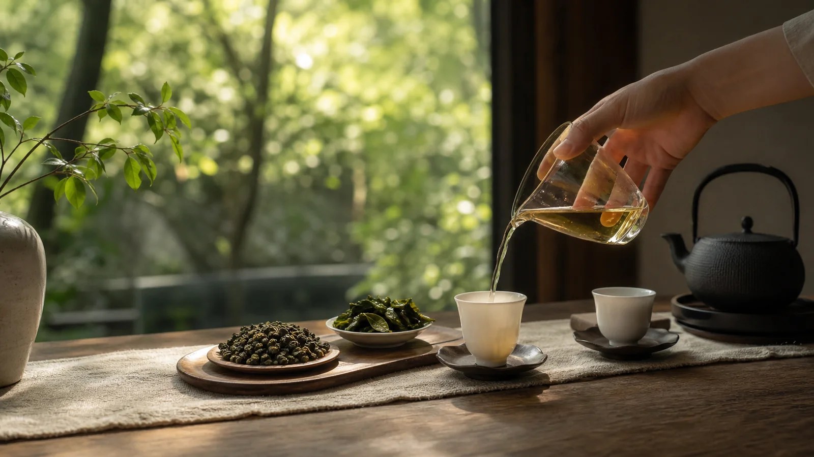 A clear golden cup of tea beside whole leaves and a quiet wooden tea table.